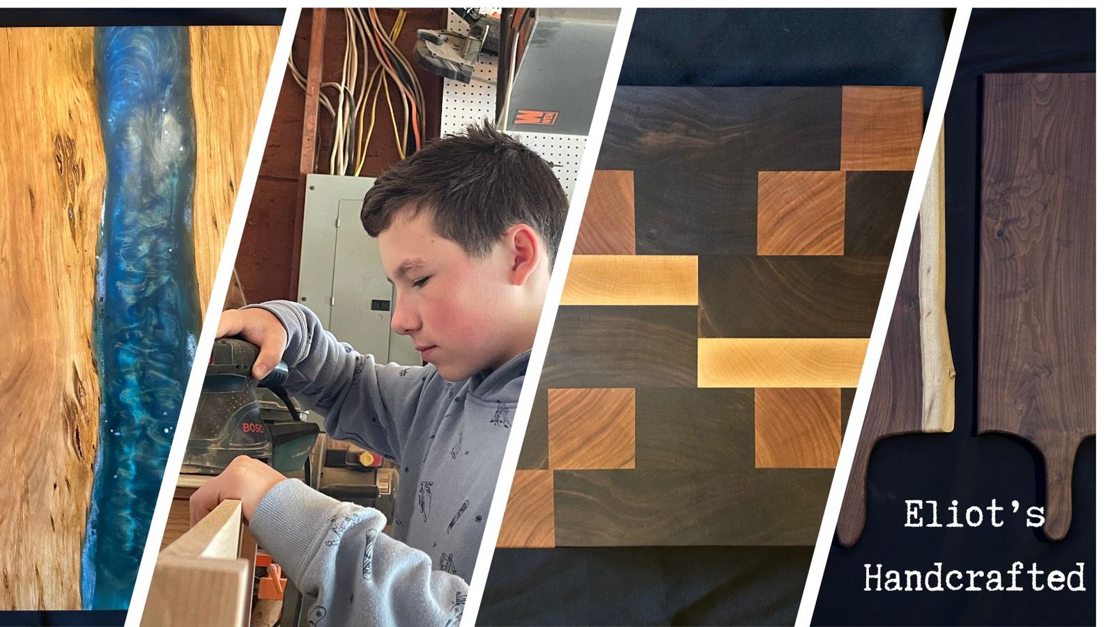 an image of a blue resin and cherry charcuterie board, and end grain patterned cherry maple and walnut cutting board, a walnut charcuterie board, and me sanding a table base.