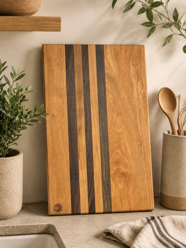 Long striped rectangular Cherry, Walnut, and maple cutting board in kitchen setting.