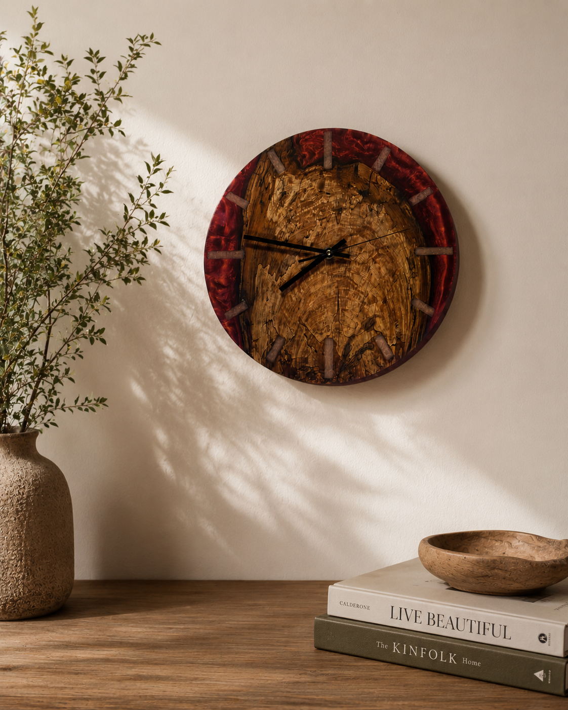 Handcrafted applewood and red resin wall clock