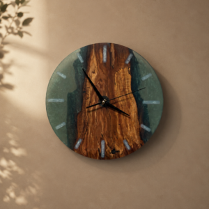 Applewood and blueish green resin 12" wall clock