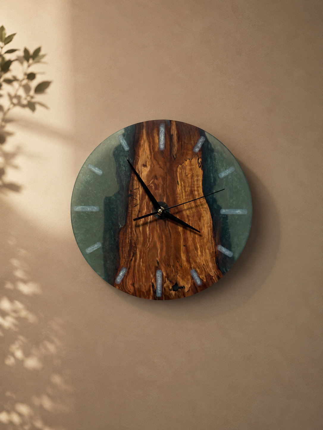 Applewood and blueish green resin 12" wall clock
